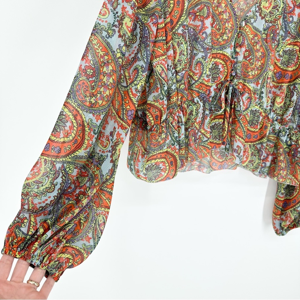 L'agence Pixie Bohemian Long Sleeve Paisley Print Crepe De Chine Blouse - Picture 4 of 13